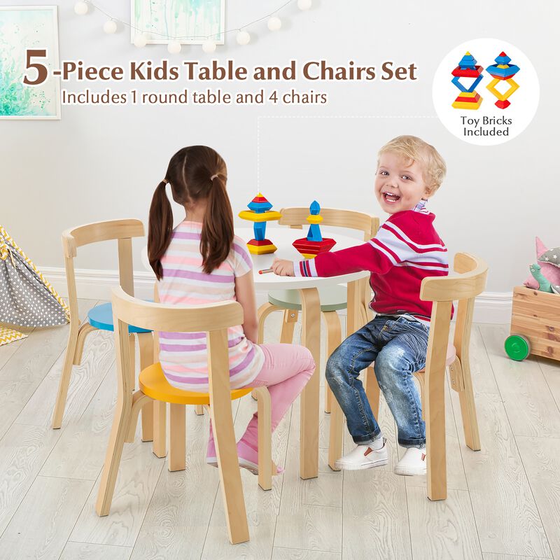 5-Piece Kids Wooden Curved Back Activity Table and Chair Set with Toy Bricks