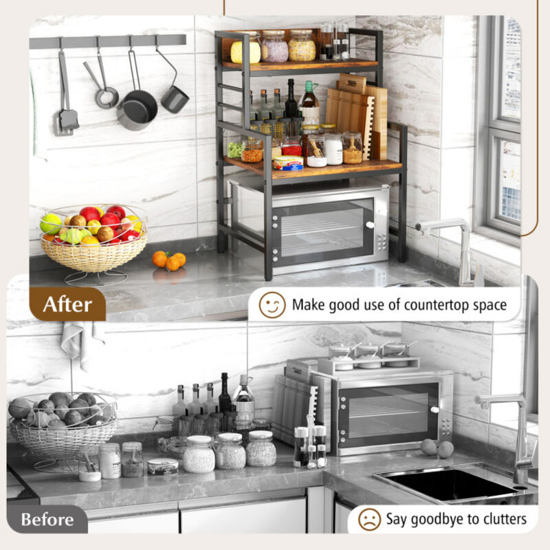 3-Tier Microwave Oven Stand with 2 Storage Shelves and Heavy-Duty Frame-Rustic Brown image number 9