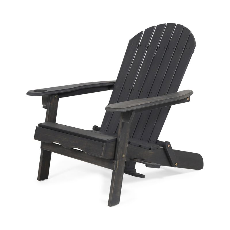 Outdoor Adirondack Chair with Cupholders, Foldable, Dark Gray Wood Finish - Benzara
