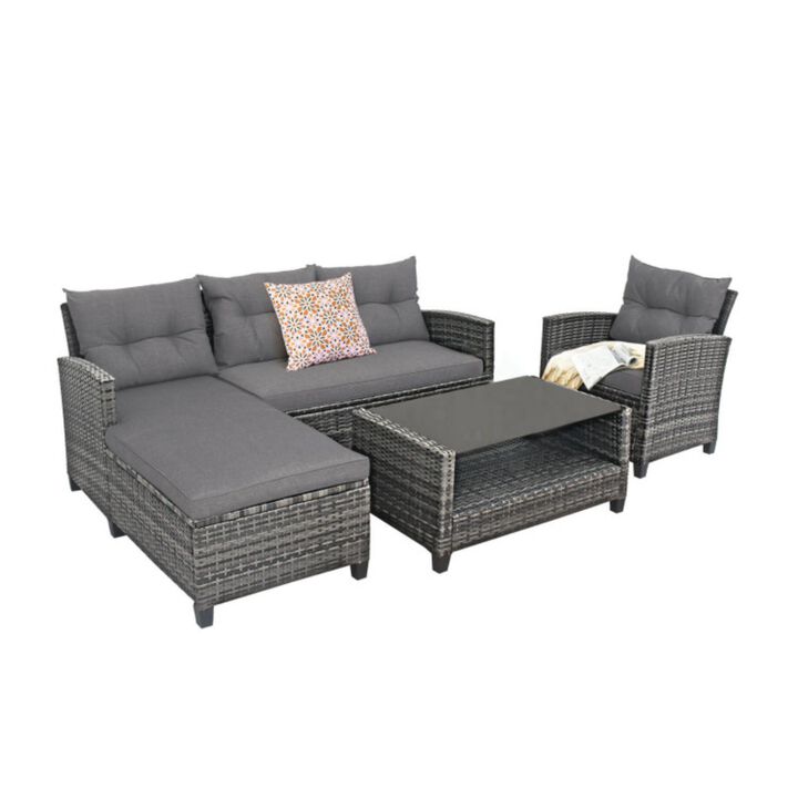 Hivvago 4 Pieces Patio Rattan Furniture Set with Cushion and Table Shelf