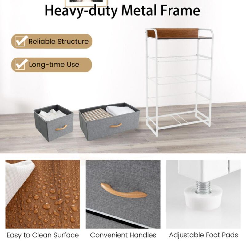 Hivvago 4-Tier Organizer Tower Steel Frame Wooden Top Storage with 5-Drawer Dresser