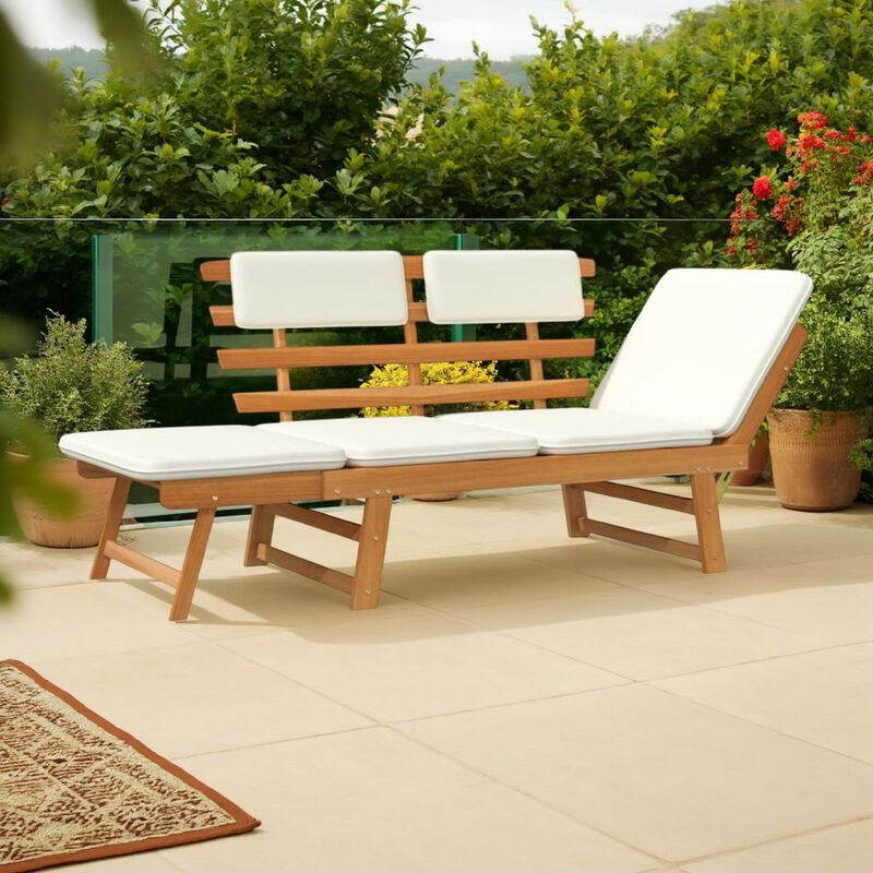 Outdoor Bench, Folding 2 in 1 Style, White Cushions, Brown Acacia Wood - Benzara