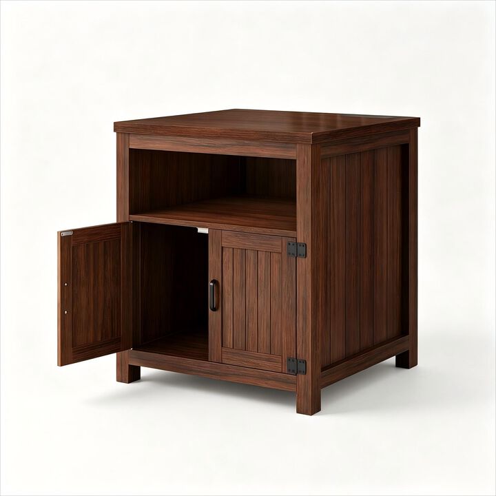 End Table with Charging Station, 24" Large Side Table with Open Shelf and Barn Door Storage, Wood Bedside Table Nightstand for Living Room, Bedroom