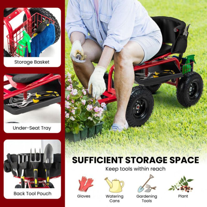 Hivvago Cushioned Rolling Garden Cart Scooter with Storage Basket and Tool Pouch