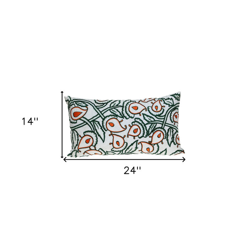 HomeRoots 14" X 24" Green and White Cotton Lumbar Throw Pillow with Embroidery image number 4