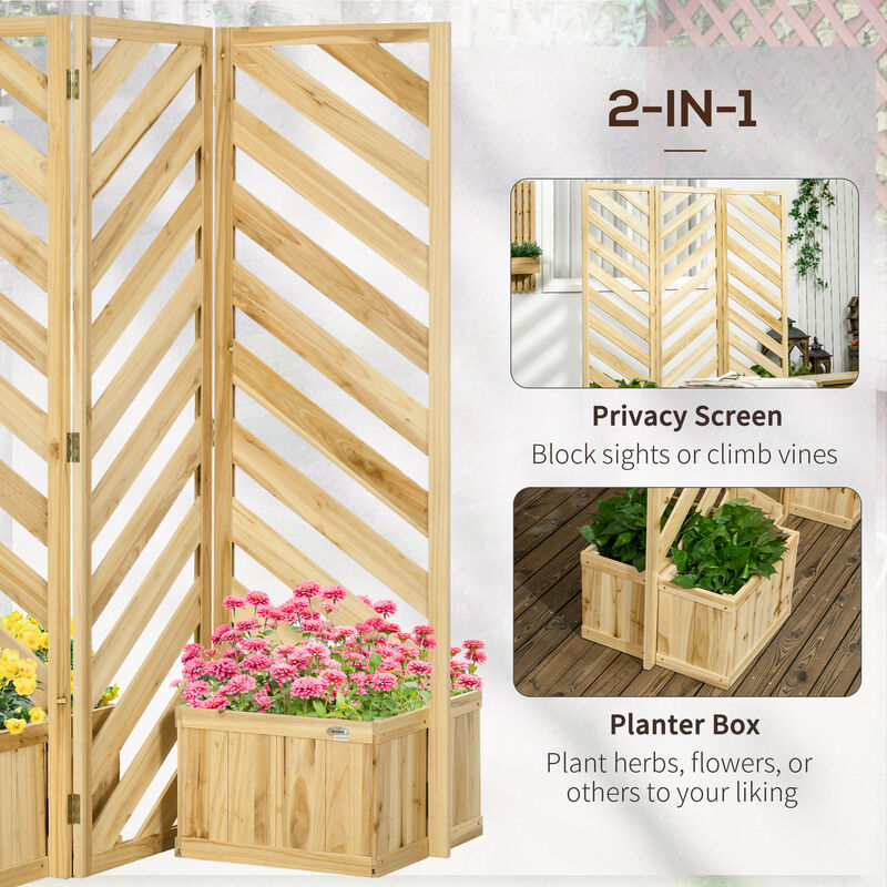 Outsunny Decorative Outdoor Privacy Screen, Freestanding Divider/Separator with 4 Self-Draining Planters, 3 Trellis Plant Support Panels for Garden Walkway, Backyard, Natural Wood