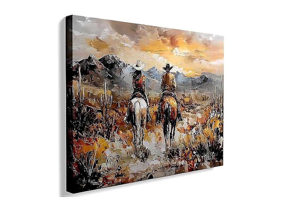 Western Cowboy Cowgirl Horses Canvas Wall Art Mountain Desert Landscape Sunset