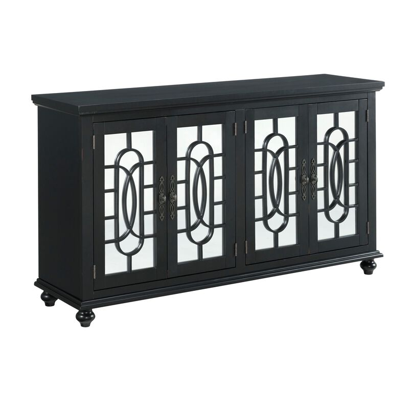 Trellis Front Wood and Glass TV stand with Cabinet Storage, Black-Benzara image number 1