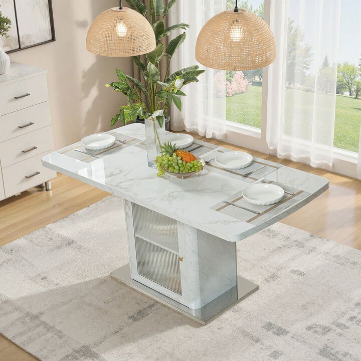 47.24"-63"Modern Rectangle Dining Table, Stretchable, with Printed White Marble Table Top+Storage Cabinet Table Leg with Metal Base
