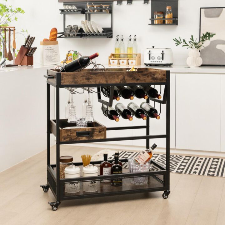 Hivvago 3-Tier Industrial Buffet Serving Cart with Wine Rack