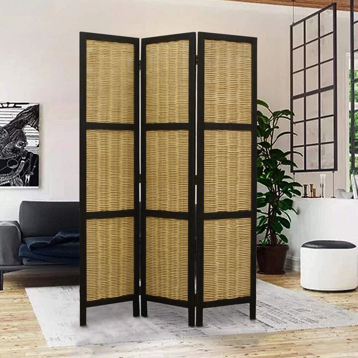 Cottage Style 3 Panel Room Divider with Willow Weaving, Black and Brown-Benzara