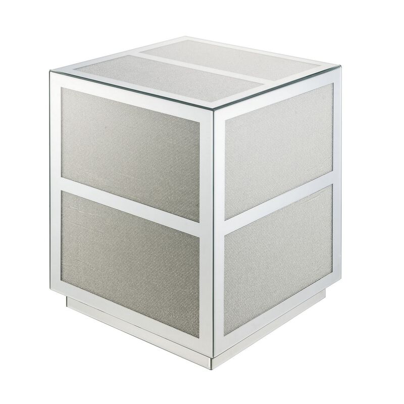 Mirror Panel Square End Table with Faux Diamond Inlays, Silver-Benzara image number 1