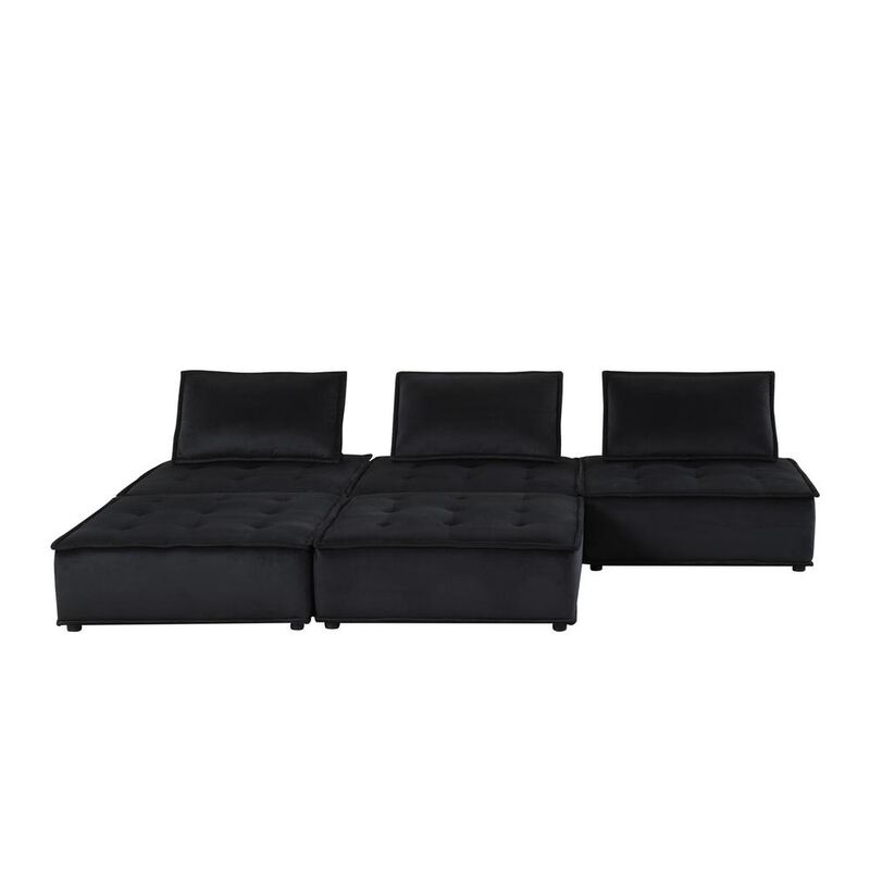 Lilola Home Anna Black Velvet 5 Pc Sectional Sofa Ottoman