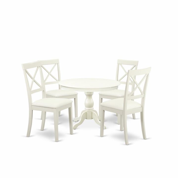 East West Furniture HBBO5-LWH-C 5 Piece Kitchen Table Set - Linen White Wooden Table with 4 Linen White Faux Leather Mid Century Modern Chairs with X-Back - Linen White Finish