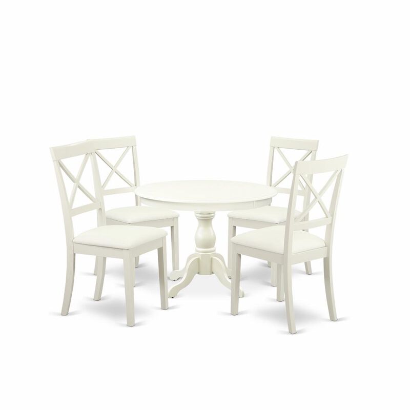 East West Furniture HBBO5-LWH-C 5 Piece Kitchen Table Set - Linen White Wooden Table with 4 Linen White Faux Leather Mid Century Modern Chairs with X-Back - Linen White Finish