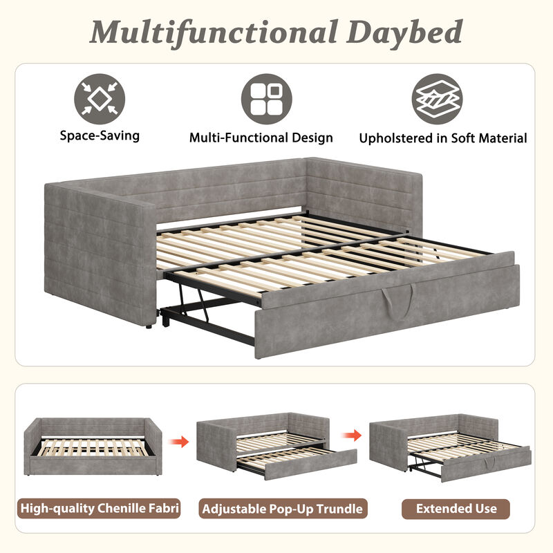 Merax Chenille Pop-Up Trundle Daybed &ndash; Twin to King Convertible, Soft Fabric Upholstery image number 4