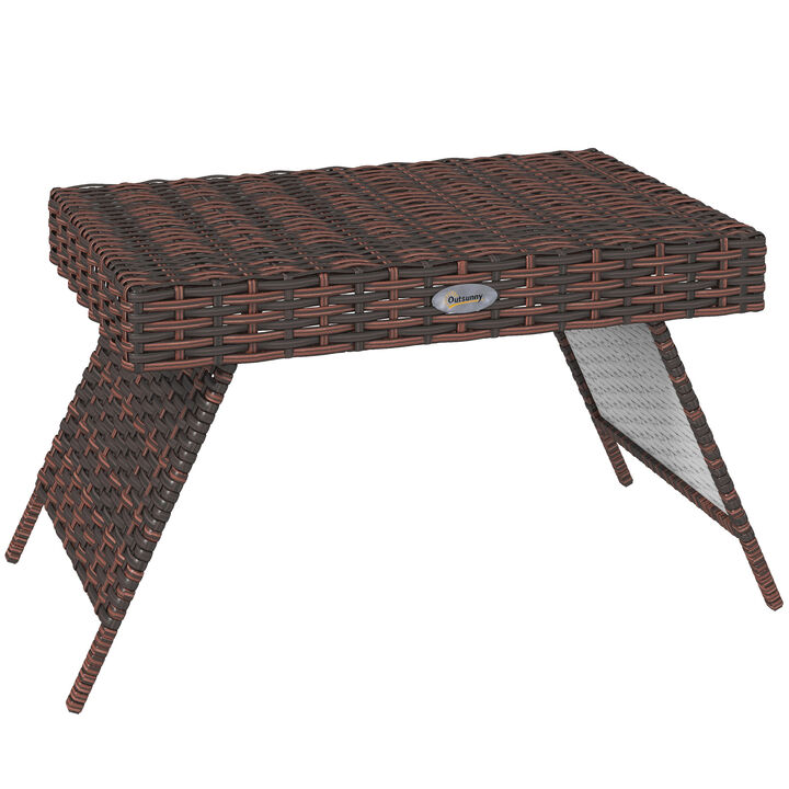 Outsunny Folding Rattan Side Table, Outdoor End Table, Hand Woven PE Rattan Coffee Table for Balcony, Backyard, Garden, Lawn, Courtyard, Brown