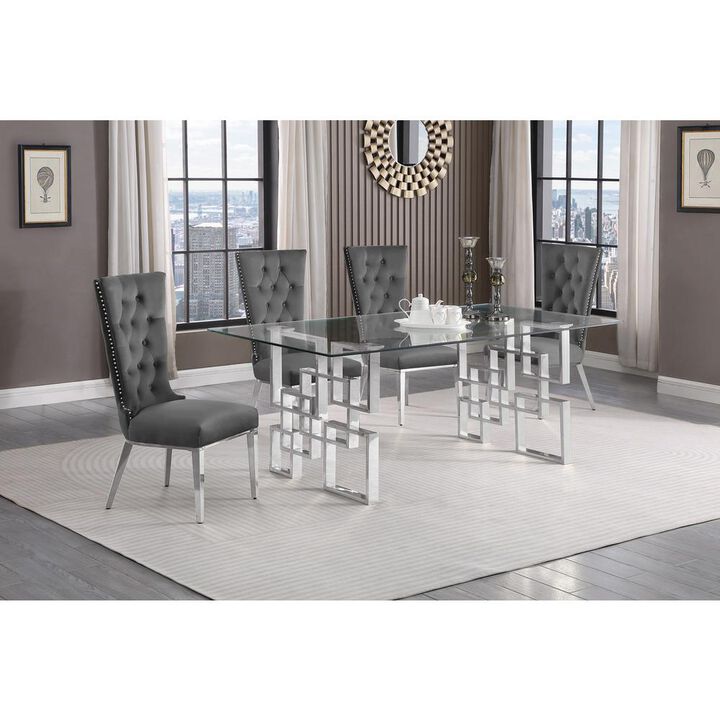 5-piece glam dining set with 4 dark grey chairs and a 79" long glass  table