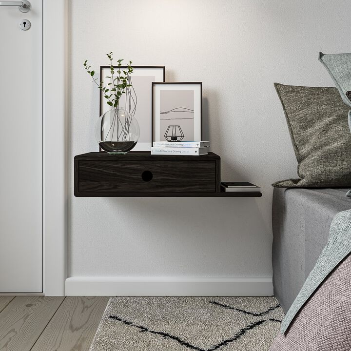 Black Hardwood Nightstand with an Open Shelf on the Right and a Drawer - Side Table for Bedroom