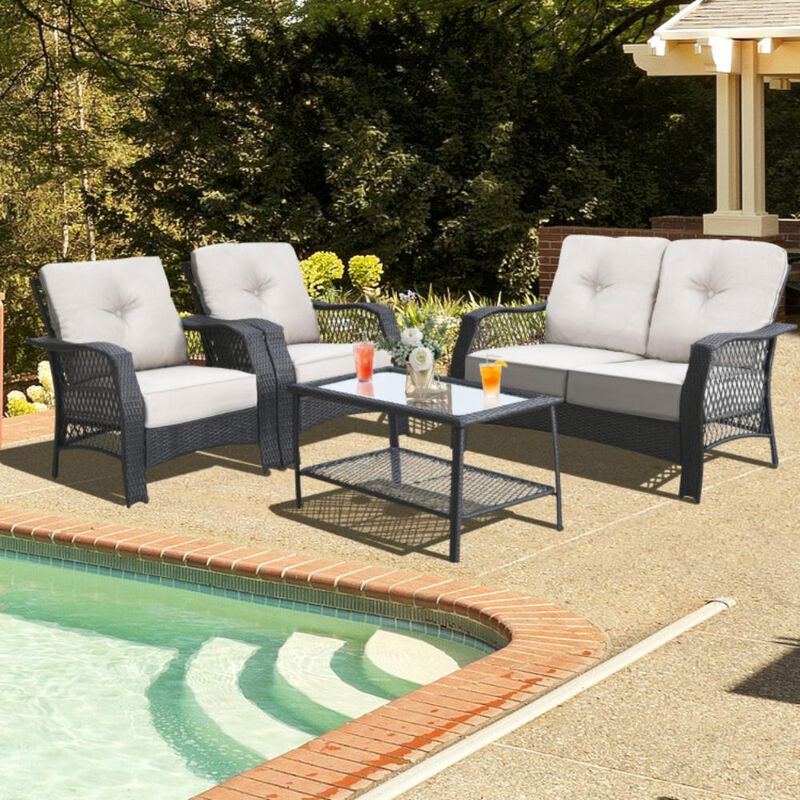 Hivvago 4 Pieces Patio Wicker Furniture Set Loveseat Sofa Coffee Table with Cushion