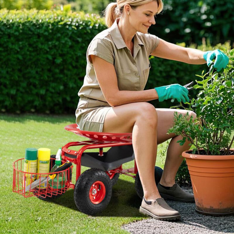 Hivvago Heavy Duty Garden Cart with Tool Tray and 360 Swivel Seat