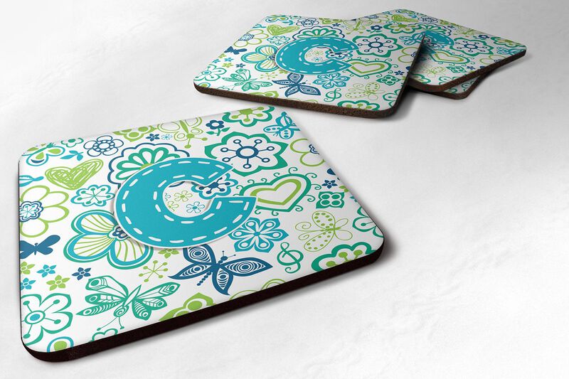 Caroline's Treasures CJ2006-CFC Letter C Flowers and Butterflies Teal Blue Foam Coasters (Set of 4), 3.5, Multicolor