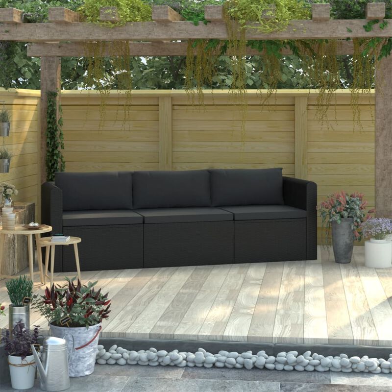 vidaXL 3 Piece Garden Sofa Set with Cushions Poly Rattan Black