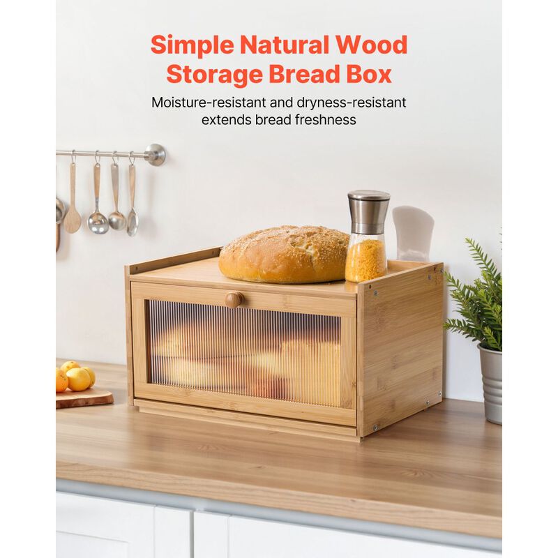 Large Wooden Bread Box for Kitchen Counter, Bread Storage Bin with Acrylic Wavy Door-Natural image number 7