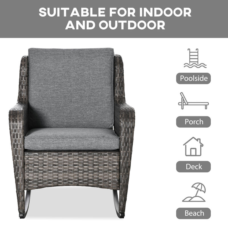 Outsunny Outdoor Wicker Rocking Chair w/Wide Seat, Thickened Cushion, Rattan Rocker with Steel Frame, High Weight Capacity for Patio, Garden, Backyard, Mixed Grey
