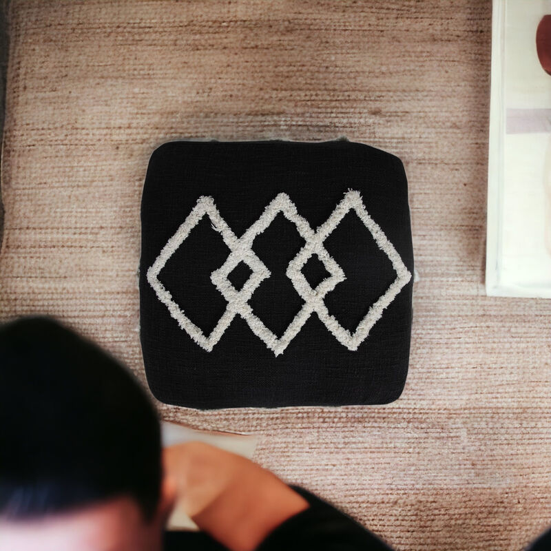 Cotton Upholstered Geometric Pouf – Round Ottoman Seat for Living Room