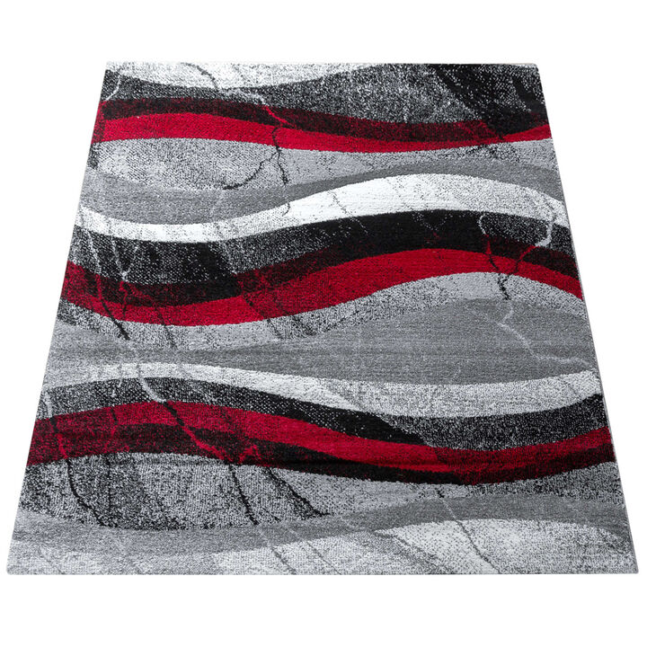 Modern Abstract Designer Rug in Grey Red with Wave Effect