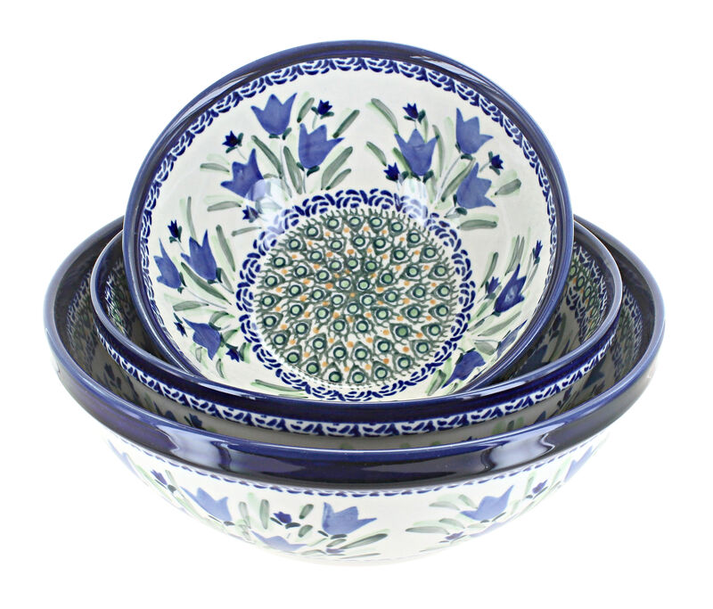 Blue Rose Polish Pottery Blue Tulip 3 Piece Serving Bowl Set