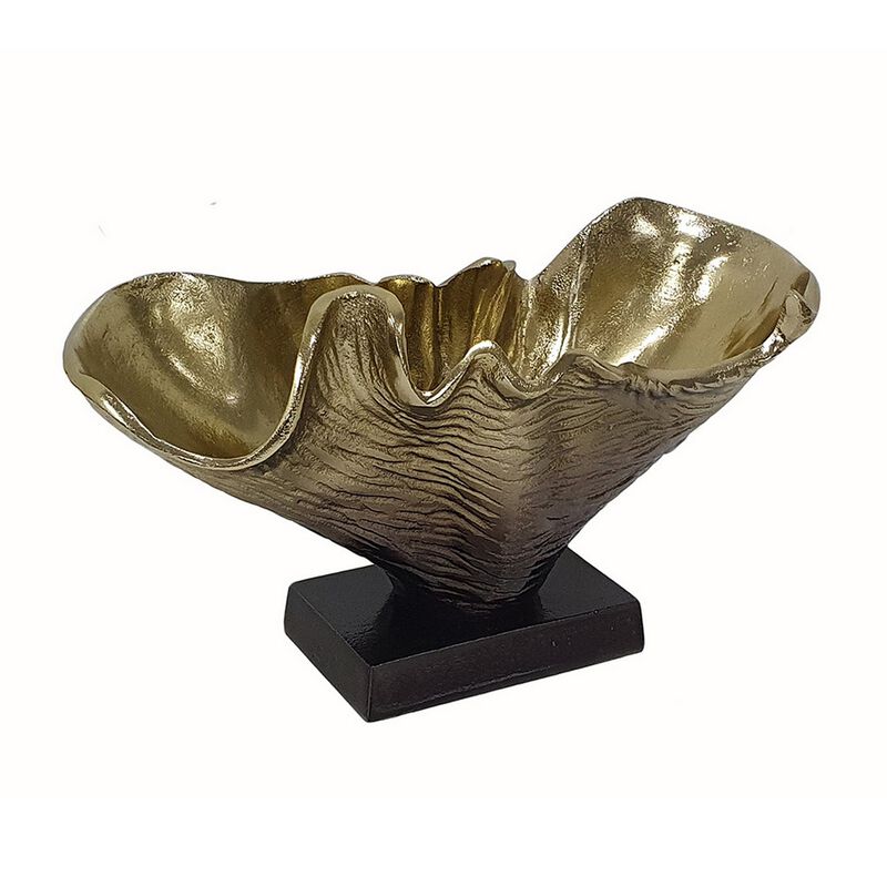 15 Inch Curved Shell Decorative Bowl, Aluminum, Square Base, Gold and Black image number 2