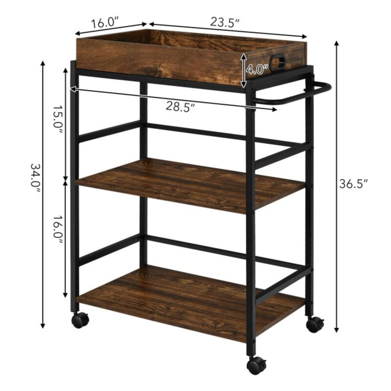 Hivvago 3-Tier Kitchen Serving Bar Cart with Lockable Casters and Handle Rack for Home Pub-Rustic Brown