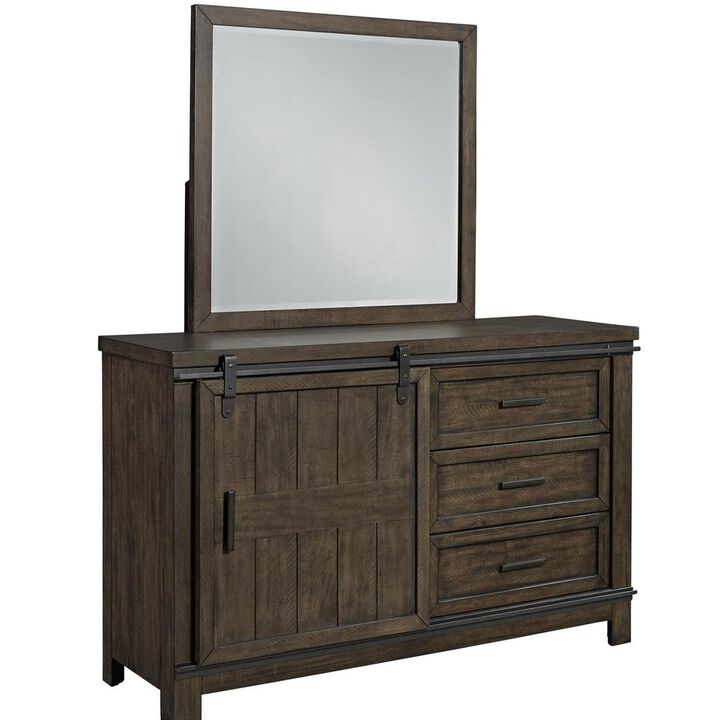 Liberty Furniture Thornwood Hills Dresser & Mirror in Rock Beaten Brown w/ Saw Cuts