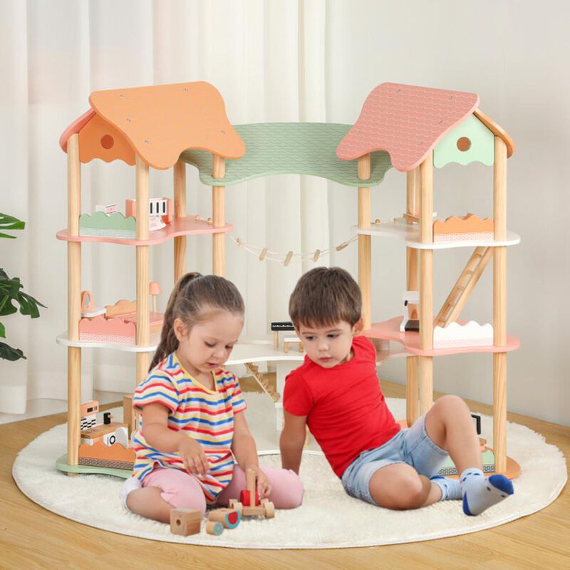 Hivvago 3-Tier Wooden Dollhouse for Kids Aged 3-8 Years Old with 32 Pieces of Accessories