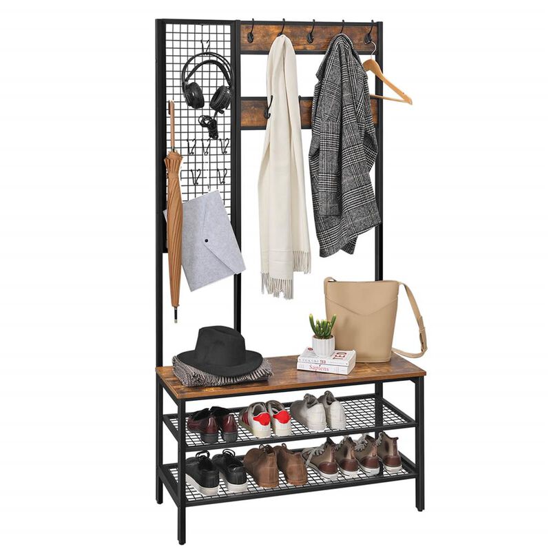 BreeBe Industrial Coat Rack Shoe Bench with Grid Wall