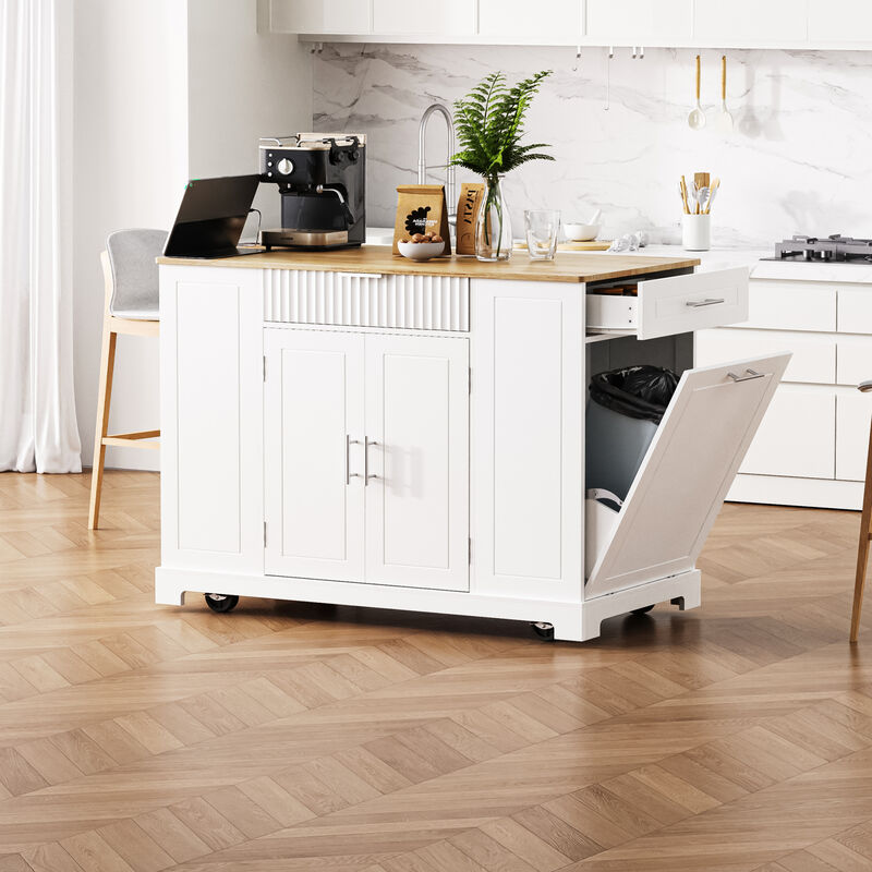 ELEMENT ACE Fluted Kitchen Island with Trash Can Storage Cabinet, Power Outlet, Adjustable Shelves and Mobile Design image number 3