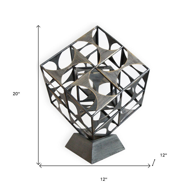 HomeRoots 20" Gray Metal Geo Cube Tabletop Sculpture image number 4