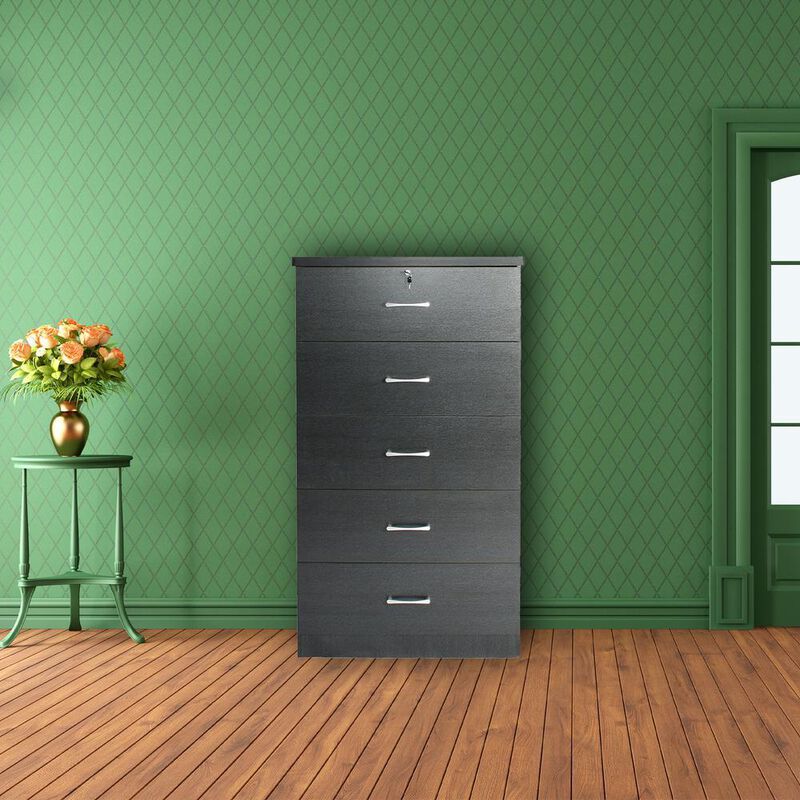 Better Home Products Olivia Wooden Tall 5 Drawer Chest Bedroom Dresser in Black