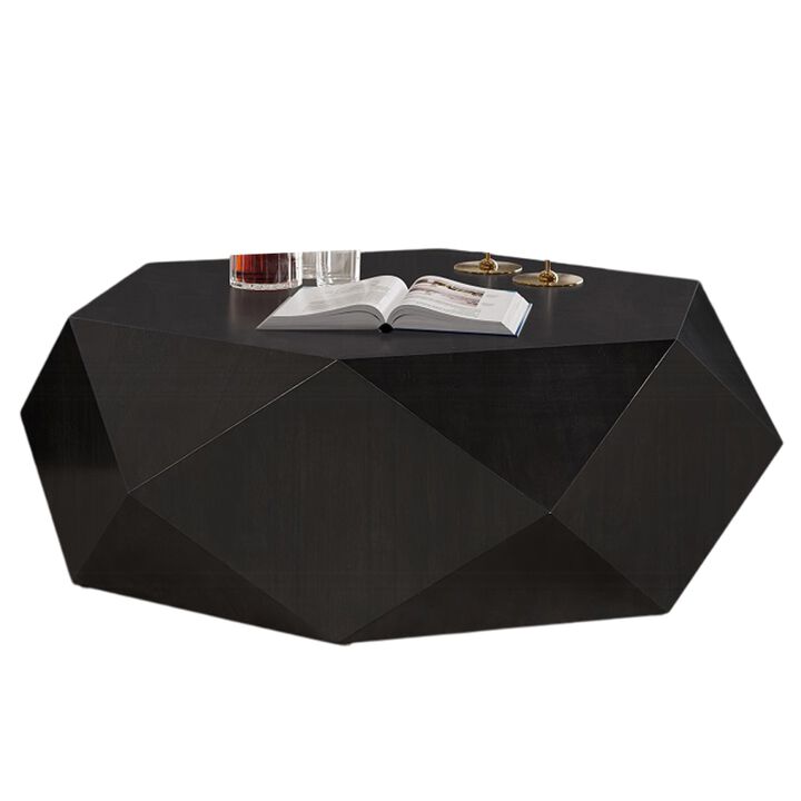 Hano Coffee Table, Black Rubberwood, 50 Inch, Modern Geometric Body - Benzara