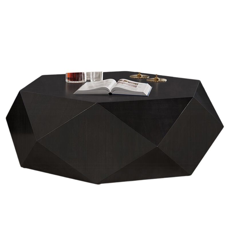 Hano Coffee Table, Black Rubberwood, 50 Inch, Modern Geometric Body - Benzara