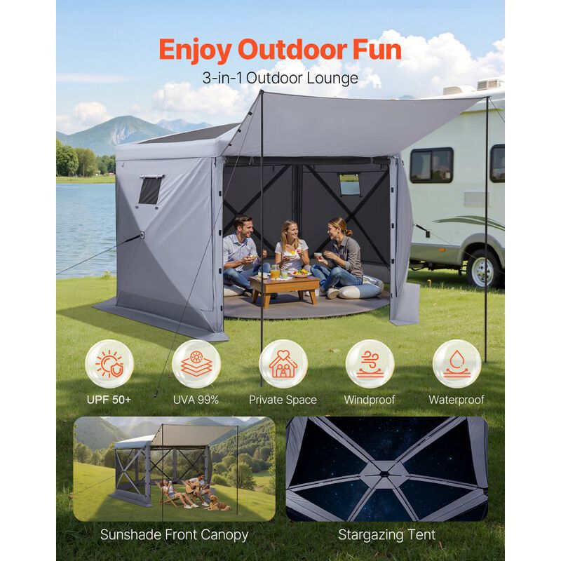 6-Sided Pop Up Screen Tent with Removable Canopy for 8-10 People-Grey image number 6