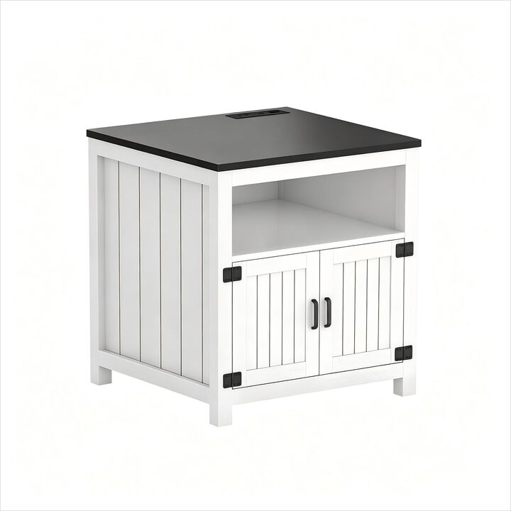 End Table with Charging Station, 24" Large Side Table with Open Shelf and Barn Door Storage, Wood Bedside Table Nightstand for Living Room, Bedroom