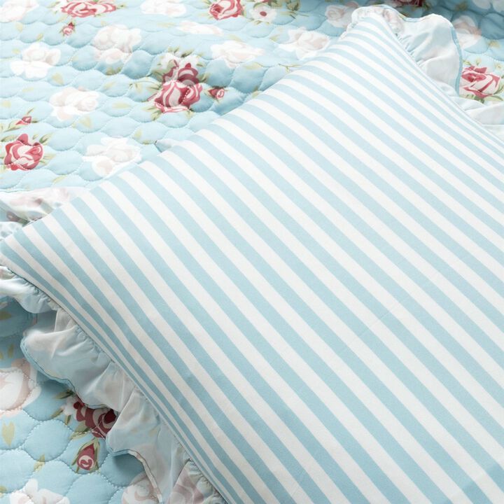 Vintage Rose Quilt Set with Ruffle Edge Lightweight Bedding for Bedroom