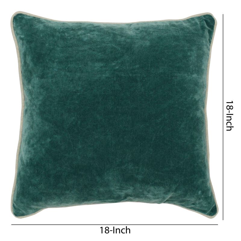 Square Fabric Throw Pillow with Solid Color and Piped Edges, Teal Green - Benzara