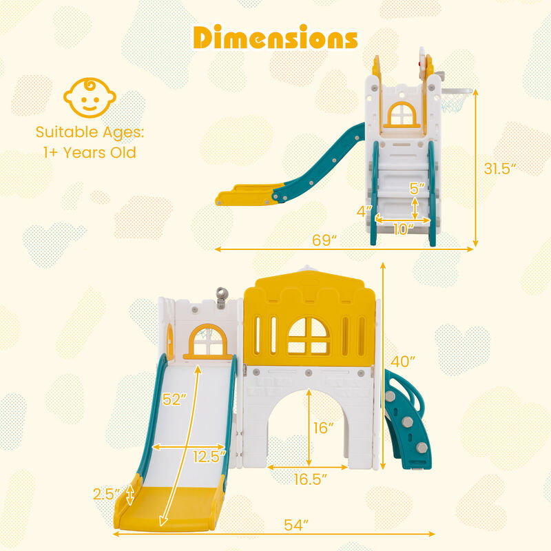 L-Shaped 9 in 1 Toddler Slide with Basketball Hoop and Steering Wheel for Kids image number 2