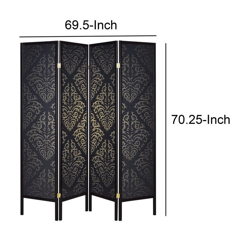 Captivating Four Panel Folding Screen With Damask Print, Black