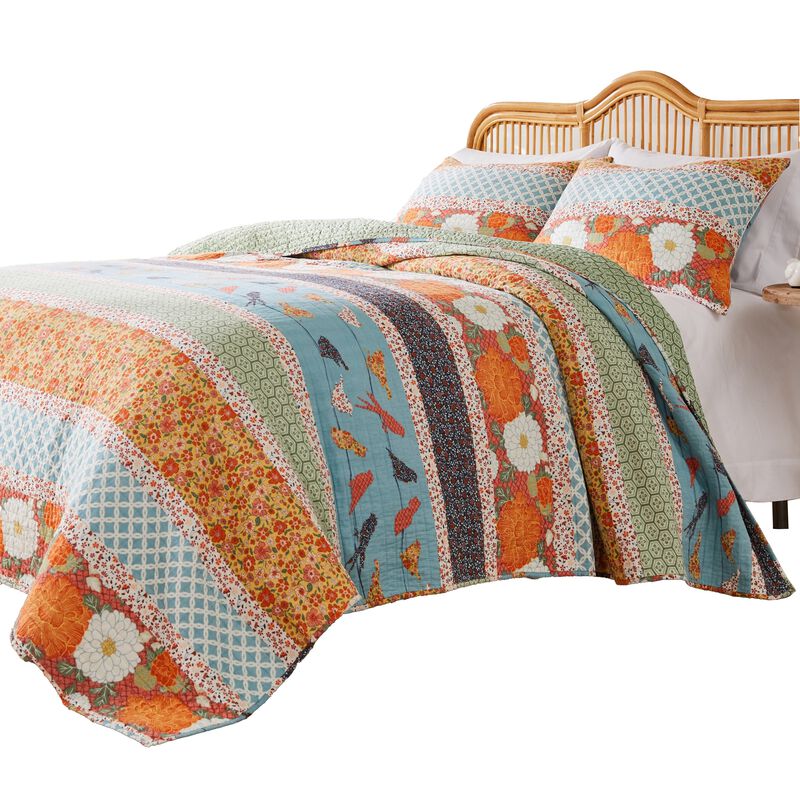 Nite 3pc King Quilt Set, Calico Floral Songbird Pattern, Cotton Microfiber - Benzara