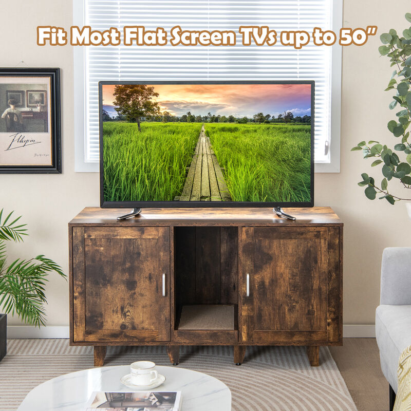 2-Door Cat Litter Box Enclosure with Winding Entry and Scratching Board